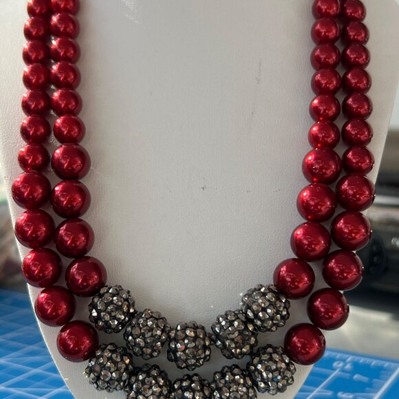 Vtg RMN Double Strand Necklace Red Graduated Faux Pearls Marcasite Beads Estate - Picture 1 of 5